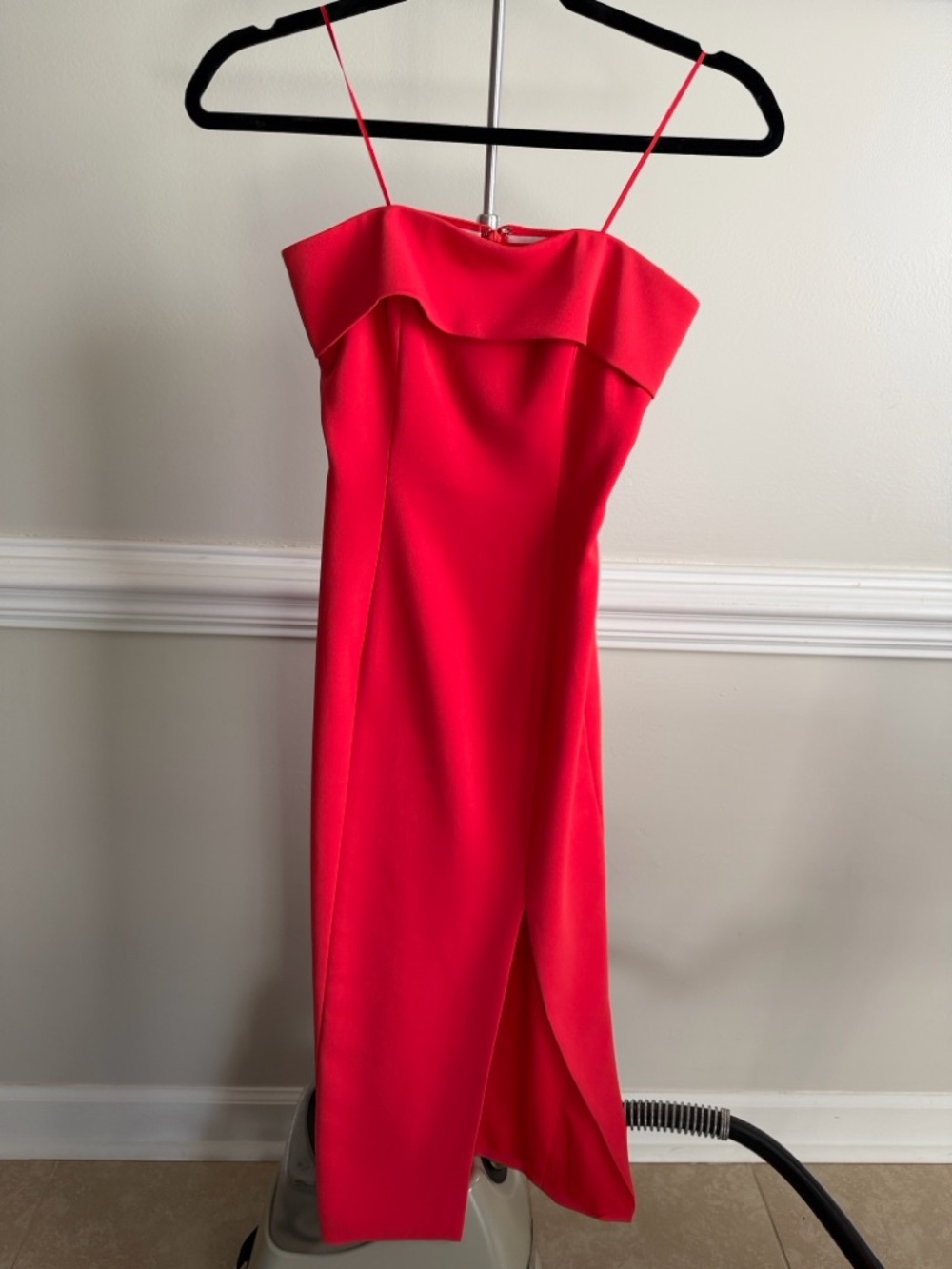 JAY GODFREY Bright Red Strapless Midi Dress with Front Slit